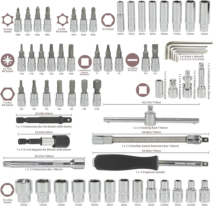 63Pcs 1/4-Inch Drive Click Torque Wrench Set(1-25 N.M/20-240IN.LB)，with Bit Socket Set Metric and Extension Bar for Auto Repairing and Household, with Storage Case