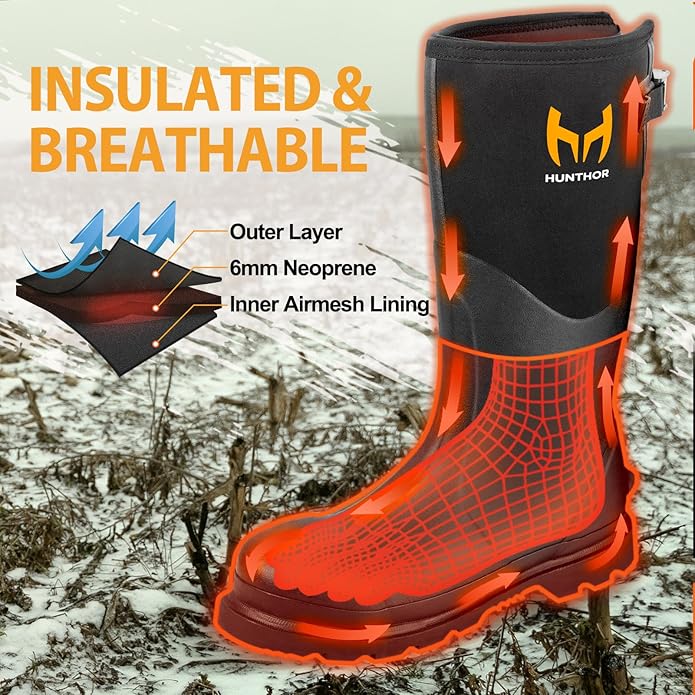 Rubber Work Boots, Puncture-Proof with Steel Toe & Shank, Lightweight Waterproof Anti Slip EVA Outsole Hunting Boots for Men, 6mm Neoprene for Construction, Manufacturing or Farming(Size 6-14)