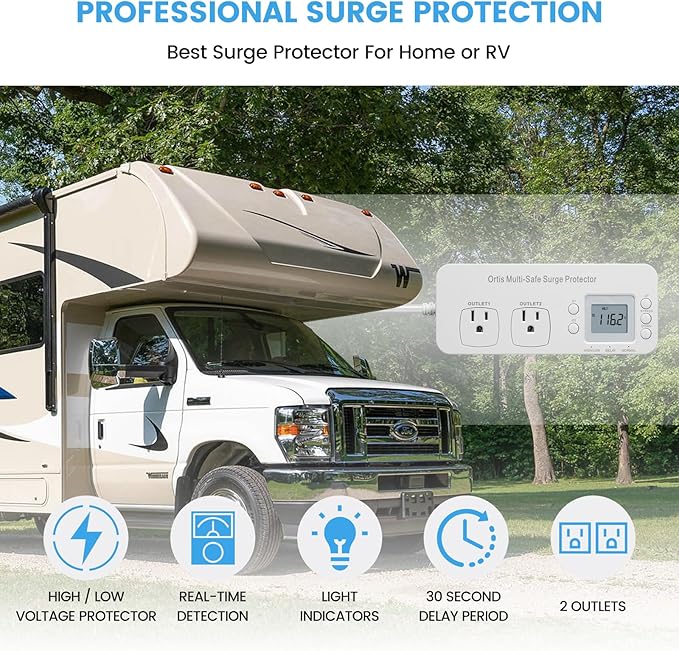 Refrigerator Surge Protector, Ortis Double Outlet RV Appliance Surge Protector with Time Delay & Real-Time Electricity Usage Monitor, Protects All Voltage Abnormalities, White