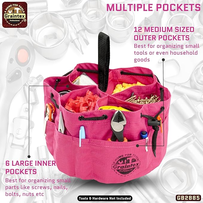 Graintex 18 Pockets Grab Bag Rip-stop Canvas Drawstring Closure, Small Part Organizer Pouch, Small Tools, Screws, Parts, Parachute Tool Bag for Efficient Storage - Pink