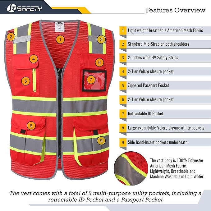 JKSafety 9 Pockets Hi-Vis Mesh Safety Vest for men and women | Chaleco reflectante de seguridad | Zipper Front | Multiple Pockets | Class 1 (140-Red XL)