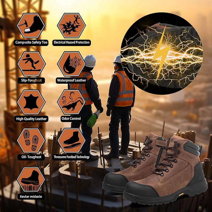 MWORK 6" Safety Work Boots For Men Waterproof ASTM F2413-18 Composite Toe Puncture Proof EH Rated Non Slip YKK Zipper Side Industrial & Construction Chairman MW2302
