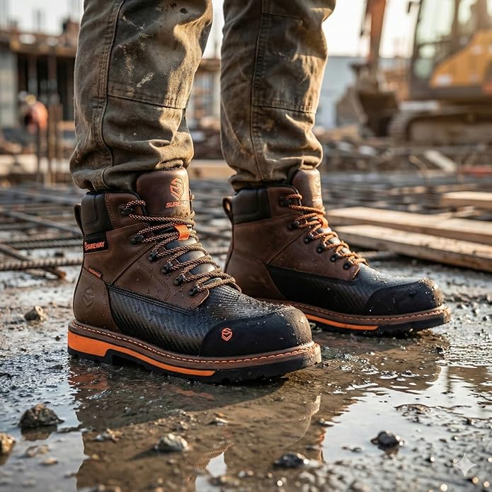 SUREWAY Men's 6" Waterproof Soft/Composite Toe Work Boots - Crazy Horse Leather Safety Shoes,GoodyearWelt Slip Resistant EH Rated Heavy Duty Construction Boots for Industrial, Roofing, Landscaping