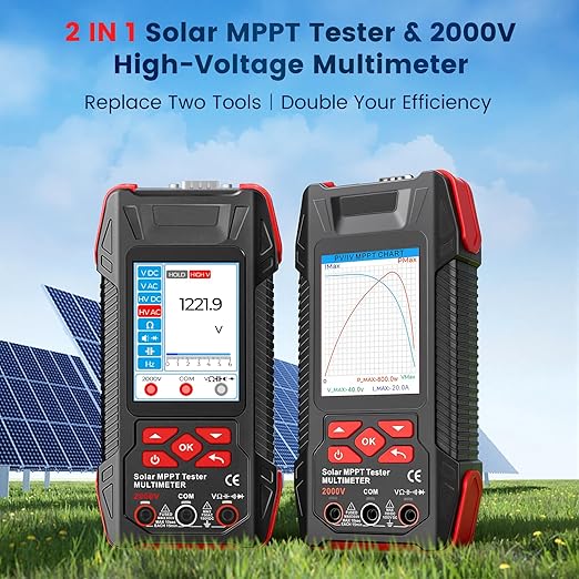 2000W Solar Panel Tester, 2-in-1 MPPT Photovoltaic Meter & 60000-Count Digital Multimeter with 2000V AC/DC, 3.2" Color Display for PV Panel Testing, Installation & Maintenance