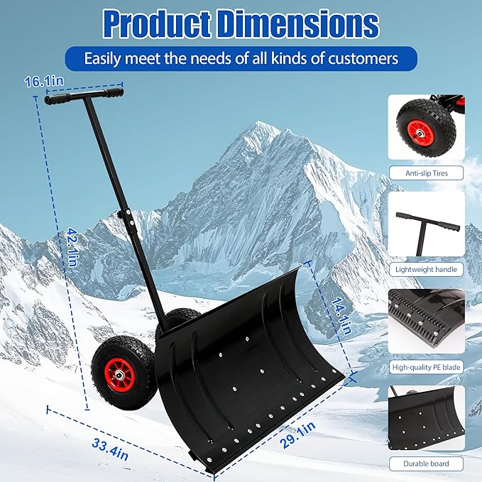 Snow Shovel with 2-Wheel,29in Heavy Duty Snow Plow Hand Pusher for Snow Removal,5 Adjustable Blade Angle & Height Ergonomic Handle,Efficient Clean Tool for Driveway Sidewalk and Pavement