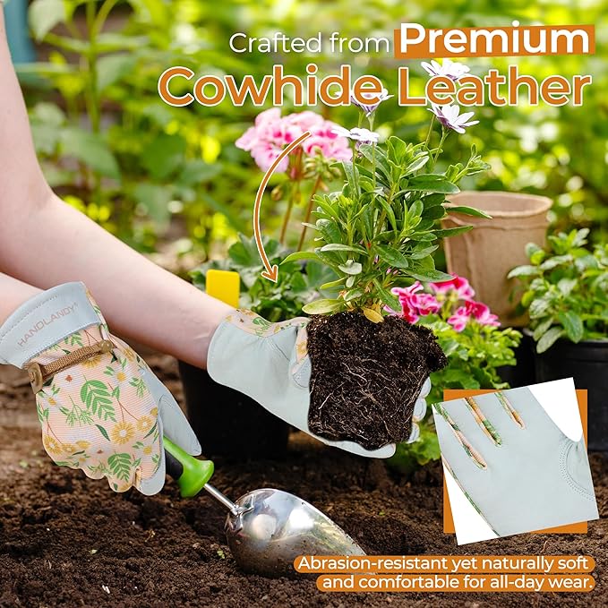 HANDLANDY Work Gloves for Women, Breathable Leather Gardening Glove for Yard Maintenance, Hand Protection with Touch Screen