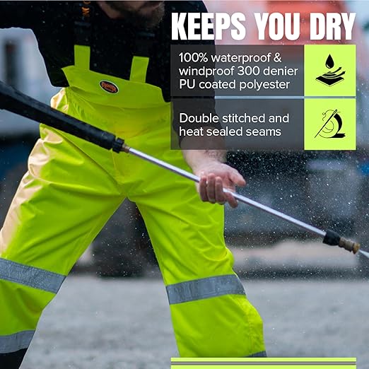 Pioneer Hi Vis Ripstop Waterproof Bib Pants/Overalls for Men - Reflective Safety Work Rain Pants - High Visibility Yellow