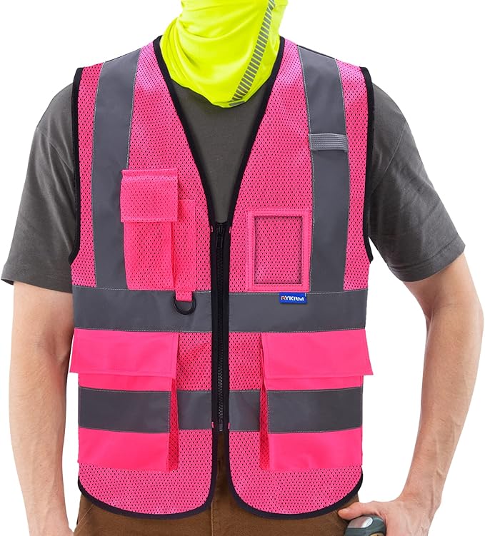 A-SAFETY High Visibility Mesh Safety Reflective Vest with Pockets and Zipper,Hi Viz Work Vest for Men Women (Pink Mesh XXXL)