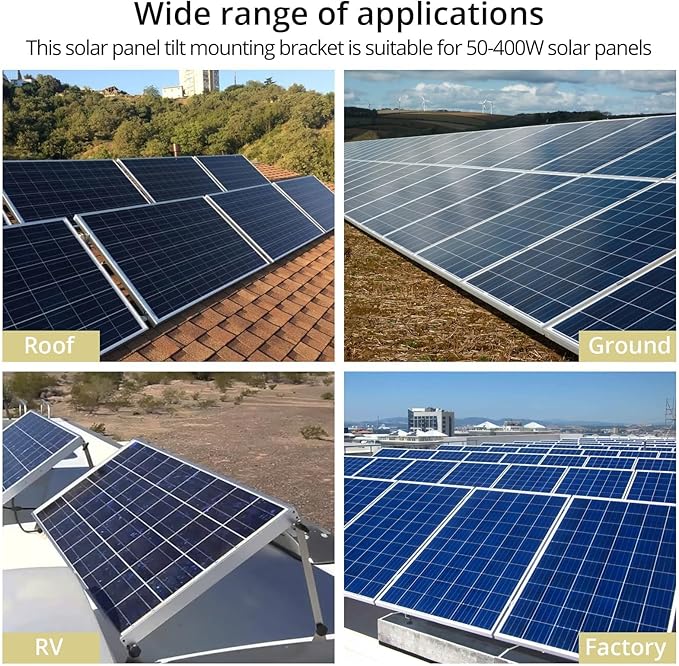 Anbte 1 Set Adjustable Solar Panel Tilt Mount Brackets, 15-30° Adjustable Aluminum Solar Mounting Brackets Support 50W 70W 100W 150W 200W 300W 400W Panels, for Flat Surface, RV, Roof, Boat, Silver