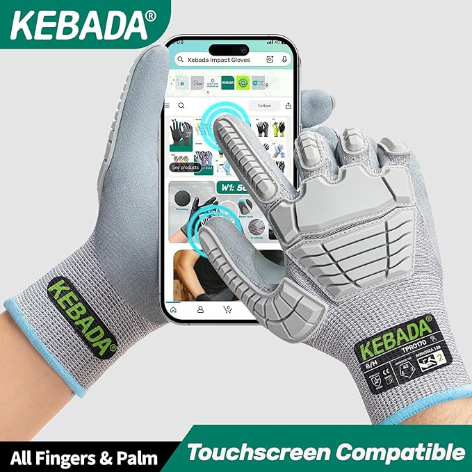 Kebada Impact Protection Gloves, ANSI A2 Cut Resistant Work Gloves with Grip, Touchscreen, Sandy Nitrile Coated