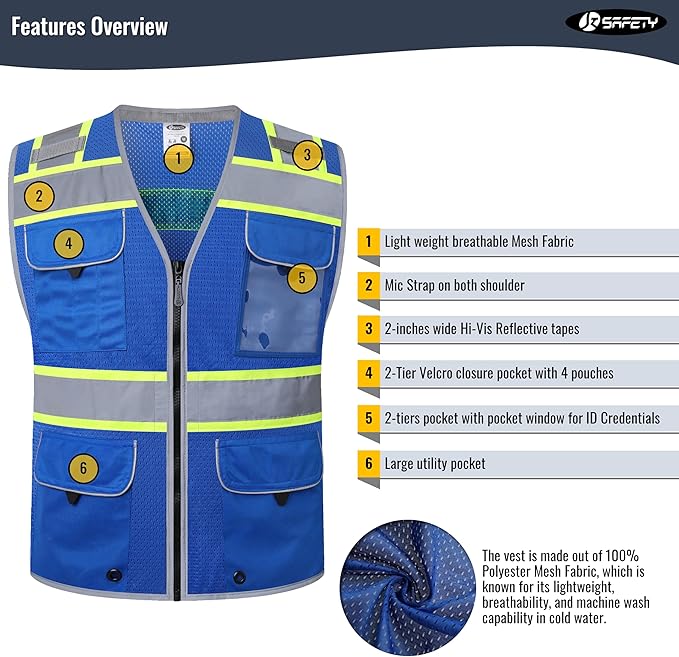JKSafety Hi-Vis Unisex Surveyor Safety Vest Heavy Duty PPE Inner Pockets ANSI/ISEA Compliant