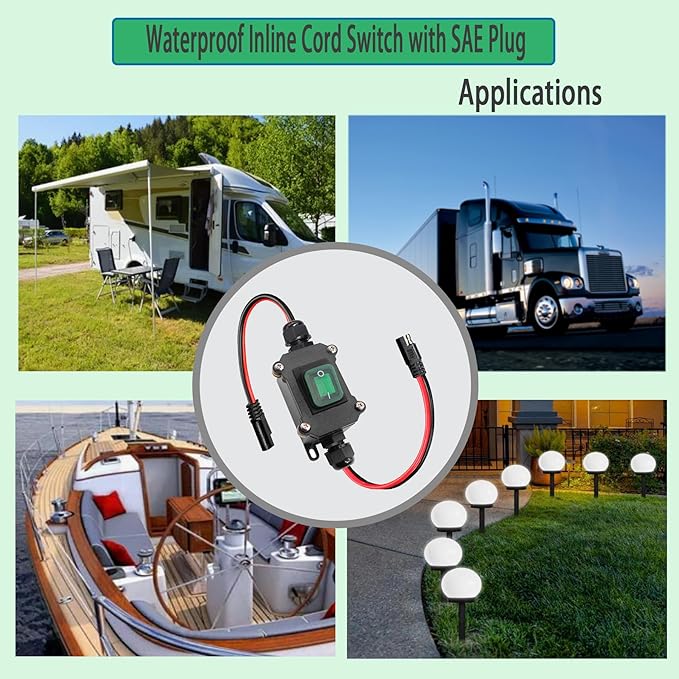 DC 12V Inline Toggle Switch Waterproof On/Off Toggle Switch SAE Cable with Quick Connect/Disconnect Green Light Button for for Motorcycle,Boat, Auto,Truck, RV.or Other Devices (SAE LS)