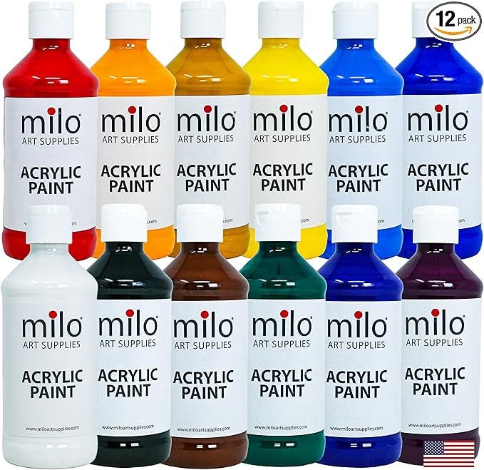 milo Acrylic Paint Set of 12 Colors | 8 oz Bottles | Student Primary Colors Acrylics Painting Pack | Made in the USA | Non-Toxic Arts & Crafts Paints for Artists & Hobby Painters
