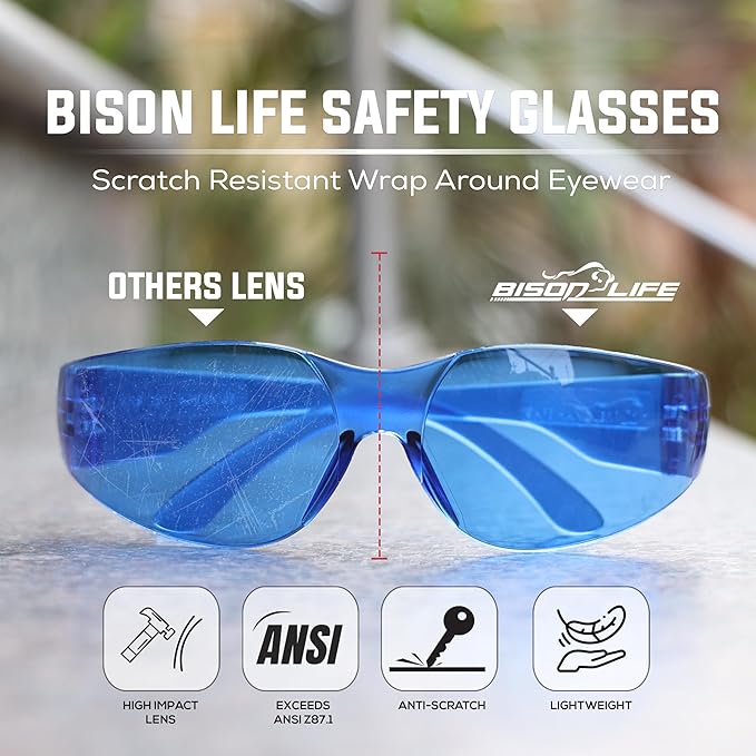 BISON LIFE Safety Glasses - Scratch Resistant Wrap Around Eyewear, Polycarbonate ANSI Z87.1 Impact Resistant Lens