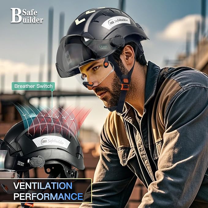 Construction Safety Helmet with Build-in Visor ABS Hard Hat with Visor Adjustable Ventilation Hardhats Work Head Protection ANSI/ISEA Z89.1