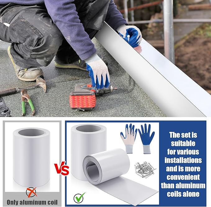 Tandefio 2 Rolls Aluminum Flashing Roll 8 Inch x 25 ft, 0.5 mm Thickness Roof Flashing Metal Flashing Aluminum Sheet Metal Roll with Cut Proof Gloves and Stainless Steel Nail for Roofing Stain