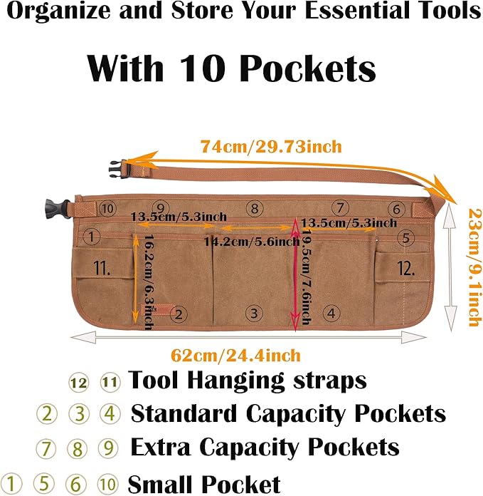 Canvas Work Tool Apron 10 Pockets Waist Apron for Men Women,Adjustable Buckle Closure Tool Bags for Outdoor Work, Woodworkers, Artists and Craftspeople M-XXL