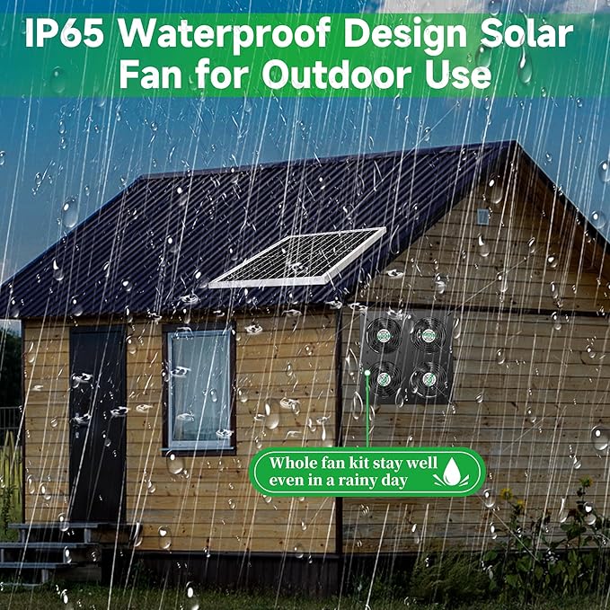 25W Solar 4 Fan Kit for Outdoor Greenhouse, Solar Powered Vent Exhaust Ventilation Fan for Chicken Coop, Shed Air Circulation, 14.7 Ft Long Cord with IP65 Weatherproof Rate