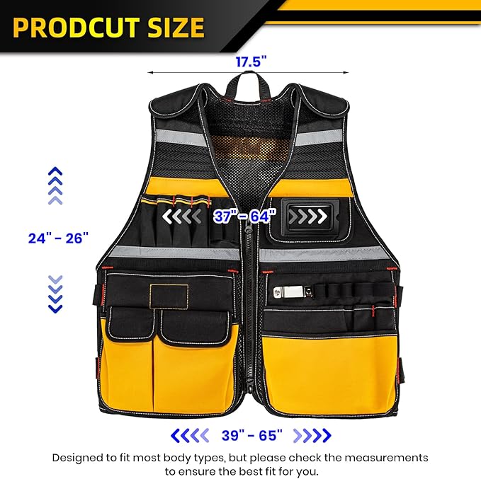 Electrician Tool Vest, Tool Vest for Men, Tool Vest Electrician with Drill Holster, 17 Storage Spaces, 1680D Heavy Duty Adjustable Work Vest with Reflective Strips, Yellow