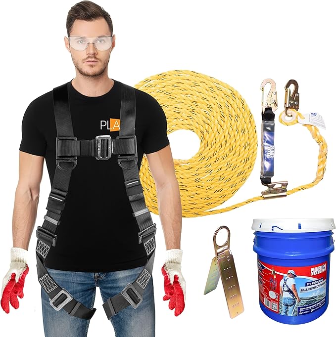 Palmer Safety Fall Protection Roofing Bucket Kit I Full-Body Harness, 50' Vertical Rope & Anchor Set I Safety Harness Kit