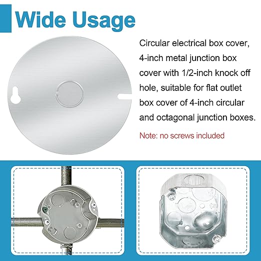 Round Electrical Box Cover, 4 Inch Metal Junction Box Covers with 1/2 Inch Knockout, Flat Outlet Box Cover for 4 inch Round Box and Octagonal Box（6pcs）