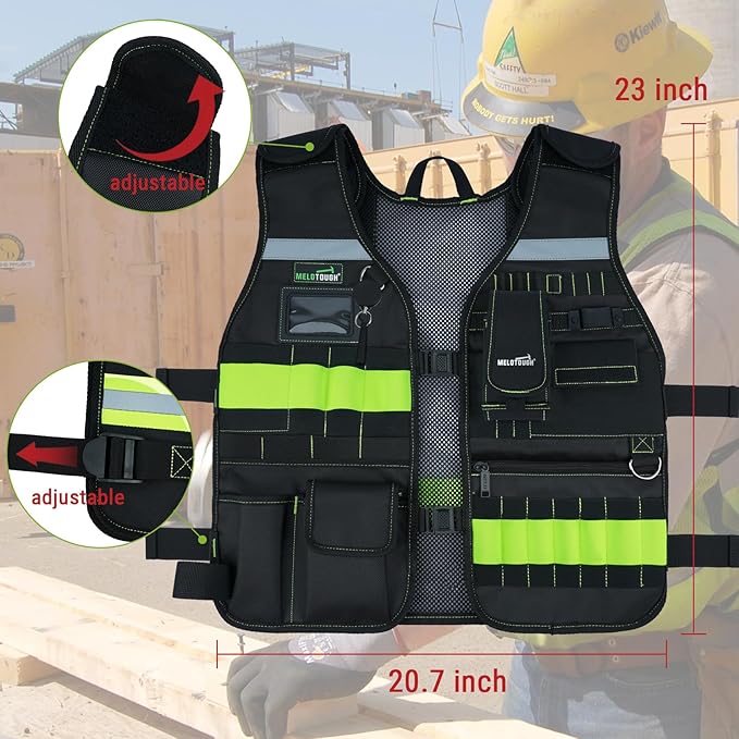 MELOTOUGH Tool Vest Safety Work Vest with Adjustable Straps,Removable Phone Holder for Electrician,Construction,Carpenters