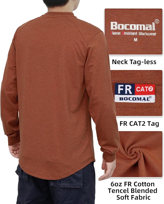 BOCOMAL Men's FR Shirts Long Sleeve Crewneck EX Soft Heather Series 6oz Midweight Flame Resistant Work T Shirt CAT2