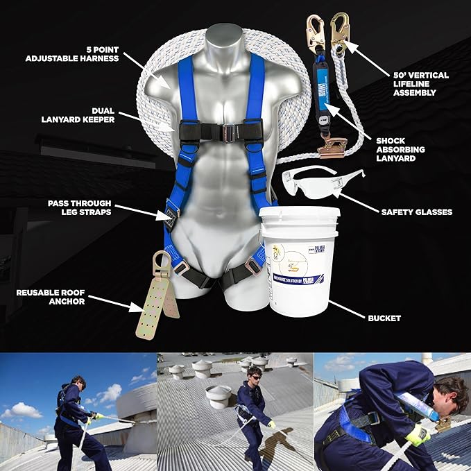Palmer Safety Fall Protection Roofing Bucket Kit I Full-Body Harness, 50' Vertical Rope & Anchor Set I Safety Harness Kit
