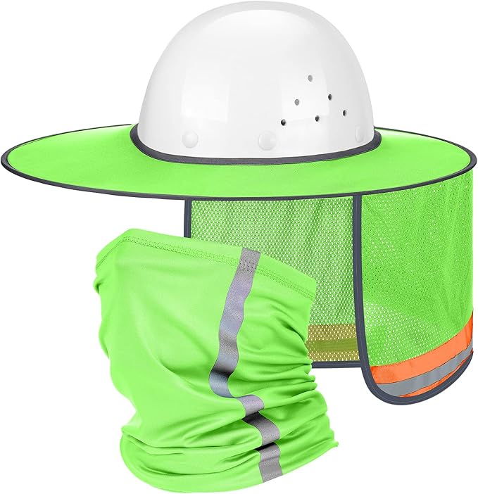 SATINIOR 2 Pcs Sun Hard Hat Neck Protection High Visibility Full Brim Mesh Sun Protection and Neck Gaiter Bandana Face Scarf for Construction Helmet Hard Hat Accessories, Reflective(Green)