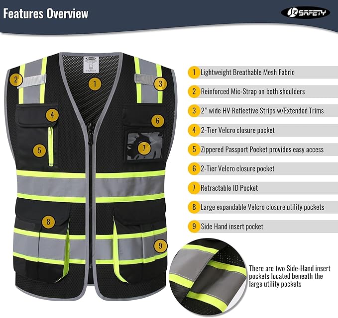 JKSafety 9 Pockets Hi-Vis Mesh Safety Vest for men and women | Chaleco reflectante de seguridad | Zipper Front | Multiple Pockets | Class 1 (140-Black L)