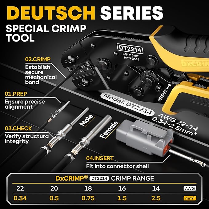 DTM Deutsch Series Connector Crimping Tool Kit, 2/3/4/6 Pin Miniature Waterproof Connectors, Size 20 Contacts (22-16 AWG), Ratcheting Crimper & Removal Tool for Sensors ECU, Fits Deutsch DTM