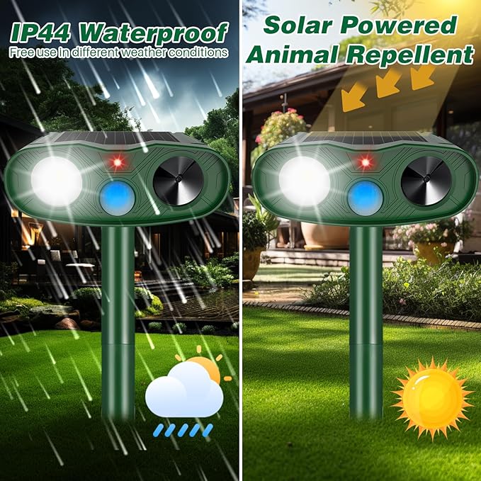 2 Pack Ultrasonic Animal Repellent Outdoor, Solar Deer Repellent Motion Sensor Cat Squirrel Rabbit Repeller, Waterproof Goose Dog Raccoon Deterrent with LED Strobe Flash Lights