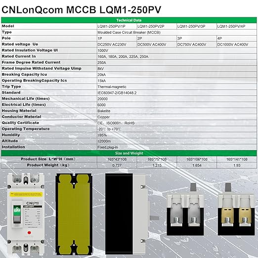 200Amp Molded Case Circuit Breaker MCCB 2 Poles DC500V Battery Disconnect Switch, PV Circuit Breaker or Main Power for Boat, Solar, UPS and Battery