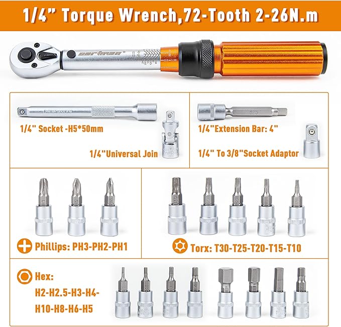 CARTMAN 1/4-inch Drive Click Torque Wrench Dual-Range 20-240 LB.IN/2.26-27.12N.M for MTB E-Bike and Moto Maintenance