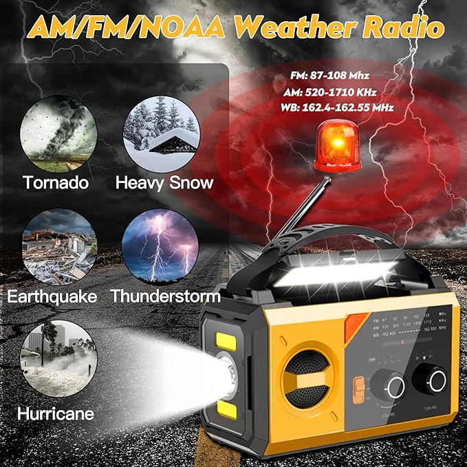 20000mAh/74000mWh Solar Hand Crank Emergency Radio - AM/FM/NOAA Weather Alert, Portable Power Bank, 3-Mode Flashlight & Reading Lamp, SOS Alarm, Phone Charger for Outdoor/Camping/Emergenc(Yellow)