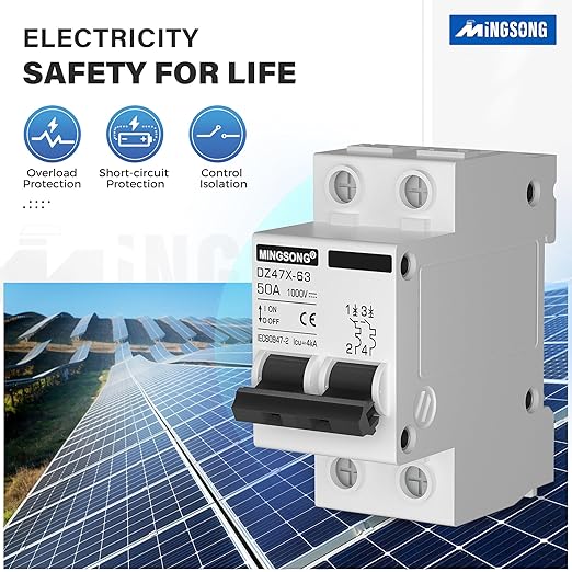 DC Solar Panels Disconnect Switch 50 Amp Solar Shut Off Switch 1000V 2 Poles Small Miniature Circuit Breaker for PV Homes