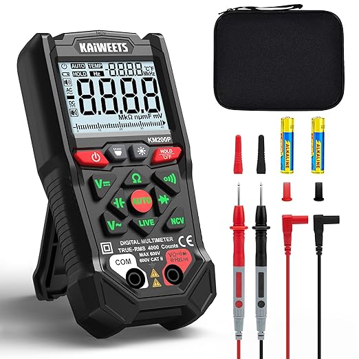 KAIWEETS KM200P Digital Multimeter, All Button Operation, TRMS Auto Ranging, 4000 Counts, NCV, Voltmeter Ohmmeter, Fast & Accurate Measure AC/DC Voltage, Resistance, Continuity, Capacitance