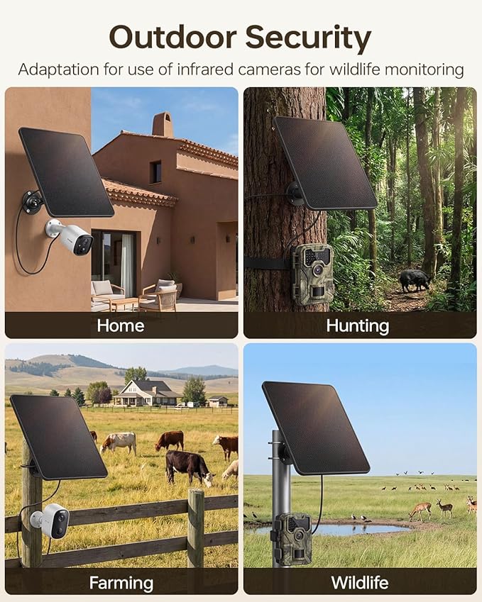 KJK 6W Solar Panel for Security Cameras – Solar Battery Charger with Micro USB & USB-C | IP66 Waterproof | 360° Adjustable Mount
