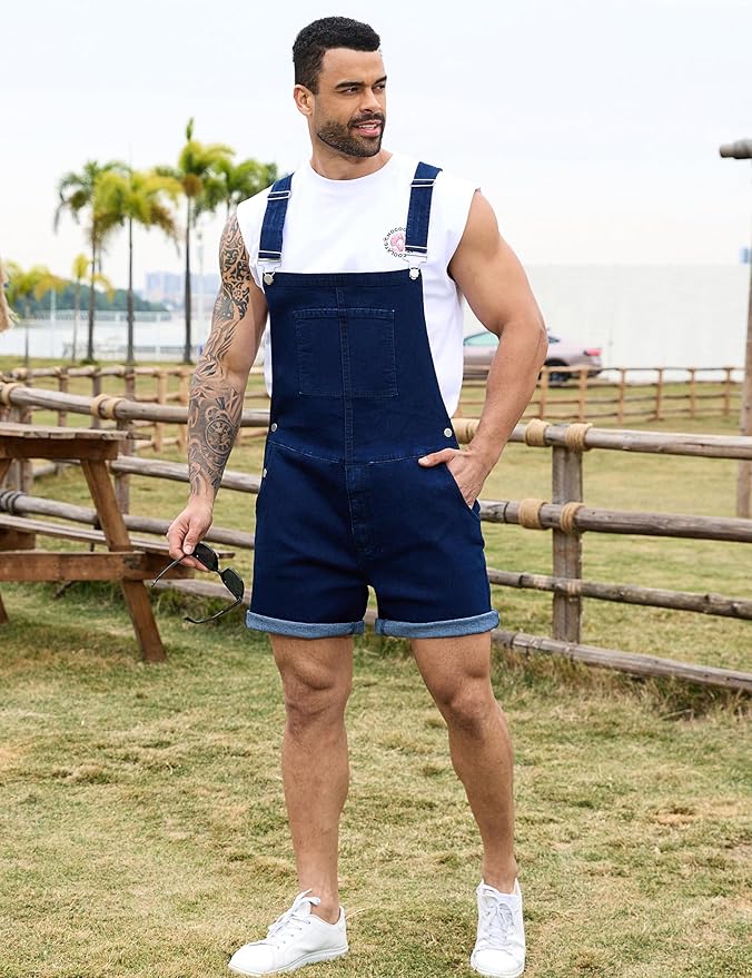 Bindefon Denim Overalls for Men Jean Shorts Jumpsuit Work Bibs Coveralls with Zipper