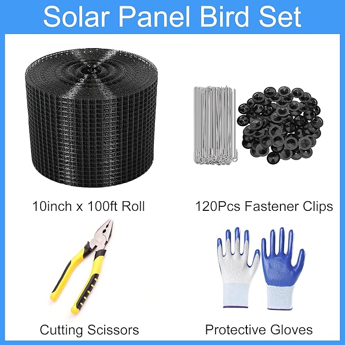 YESON Solar Panel Guard, 10in X 100ft PVC Coated Critter Guard Roll Kit for Solar Panel Wire Screen, Black Pigeon Barrier Netting with 120 Fastener Clips, Cutting Scissor, Gloves