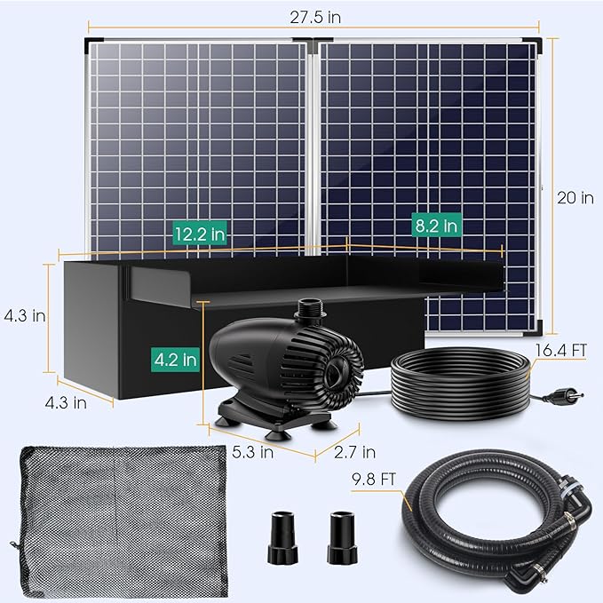 POPOSOAP 70W Solar Water Pump with Pond Waterfall Kit, 304 Stainless Steel Pond Waterfall Spillway, Pond Spillway with 9.8FT Corrugated Tubing for Garden Water Features-P5703