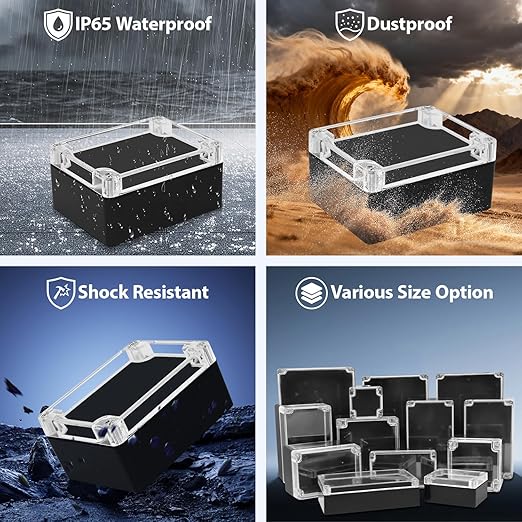 LeMotech Junction Box with Clear Cover IP65 Waterproof Project Box Dustproof ABS Plastic Electrical Project Boxes Universal Enclosure, Black 4.5"x 3.5"x 2.1"(115x90x55mm)(Pack of 2)