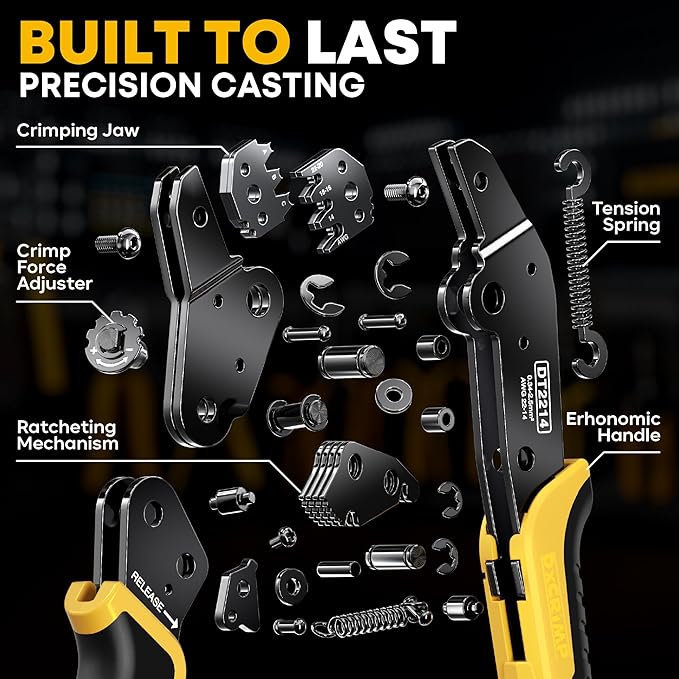 DT Series Connector Crimping Tool Kit, 2-12 Pin Waterproof Connectors, Size 16 Stamped Contacts (22-14 AWG), Ratcheting Crimper Stripper & Removal Tools for Auto, Compatible with Deutsch DT