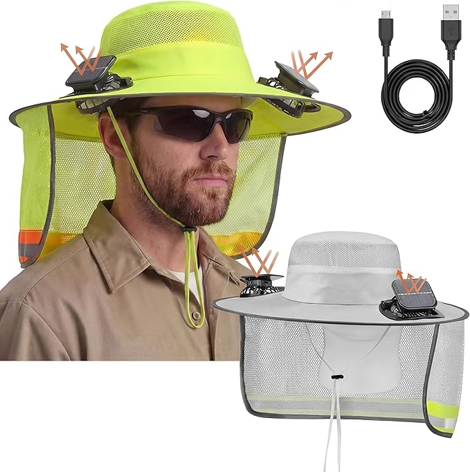 2 Pcs Sun Hat with Fan Solar&USB Powered for Men Women UPF 50+ UV Protection Wide Brim Safety Sun Hat for Out Work