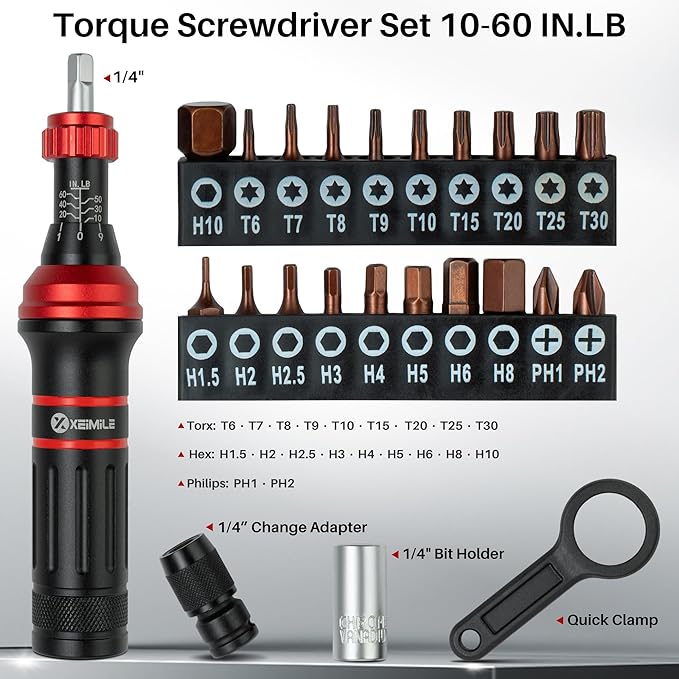 Torque Screwdriver 10-60 In.Lb, Inch Pound Torque Screwdriver Set with 1/4" Bit Holder, Flat, Hex, Torx and Philips Bits,Suitable for DIY Bicycle Maintenance, Pecision Tool, Mechanical