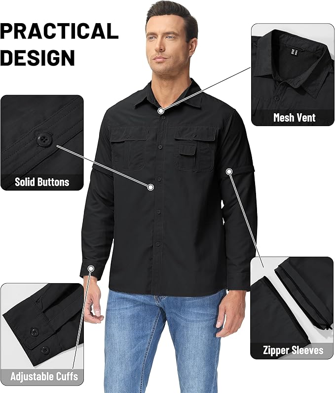 TACVASEN Men's Convertible Long Sleeve Fishing Shirts Lightweight Quick Dry Button Up Tactical Sun Shirts for Safari Hiking