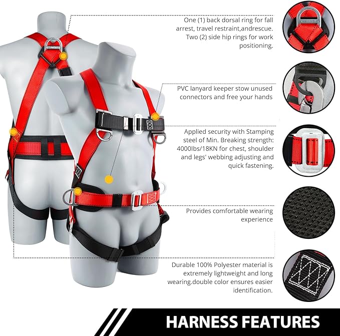 Safety Harness Fall Protection Kit - Full Body Roofing harnesses with Shock Absorbing Lanyard Upgrade Paded