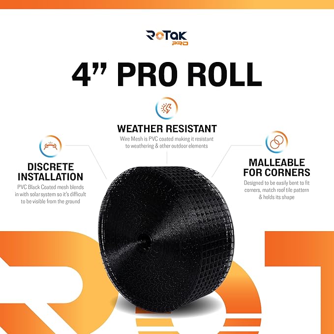 Rotak Critter Guard PRO - 4in x 100ft Solar Panel Bird Prevention Roll - Heavy Duty Galvanized Black PVC Coated ½ inch Wire Roll Mesh