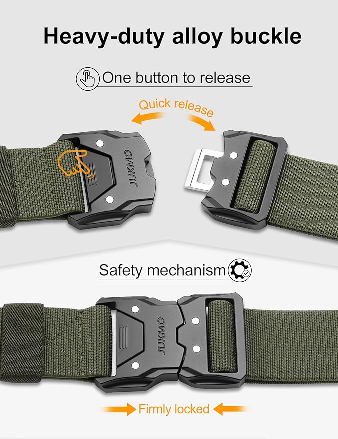 JUKMO Quick Release Tactical Belt, Military Work 1.5" Nylon Web Hiking Belt with Heavy Duty Seatbelt Buckle