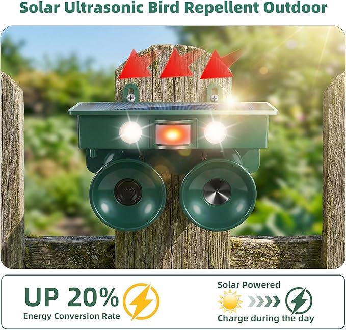 Ultrasonic Bird Repeller Solar Powered Bird Deterrents Bird Repellent Devices Outdoor with IP65 Waterproof Pigeon Woodpecker Goose Deterrent for House Pigeon Repellent for Balconies Patio Garden Farm